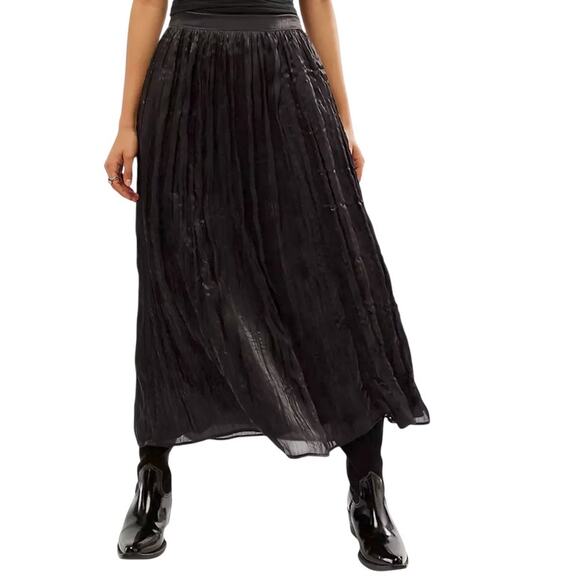 Free People New Vera City Black Pleated Maxi Ankle Skirt with Pockets 8 NWT - Picture 1 of 6